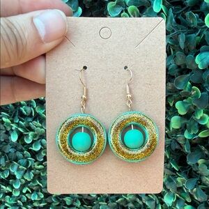 Gold and Teal Green Dangle Earrings